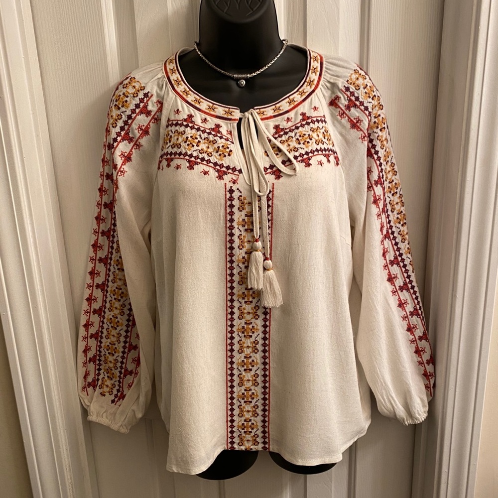 Skies Are Blue Tops | Cream & Red Embroidered Top